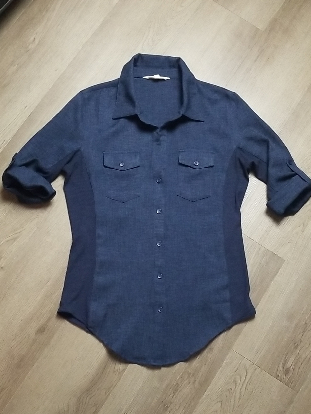 Simply Blessed Womens Dark Denim Blue Button-Up Shirt (SIZE M)